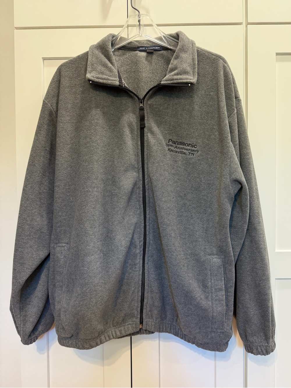 PORT & COMPANY Gray Panasonic Full Zip Fleece Jacket Men's L Like New Cozy Warm